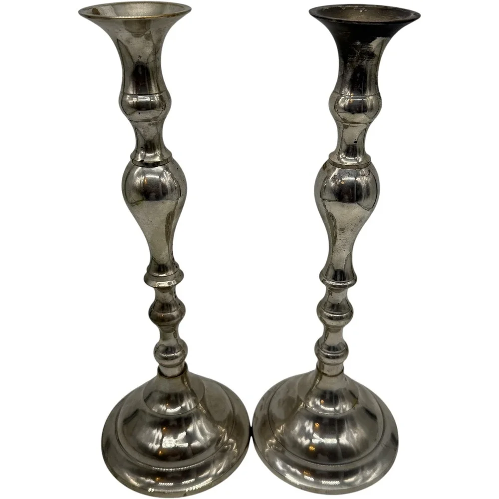 Vintage Silver Tone Metal Candlestick Holders Set of 2 Baluster Style Good